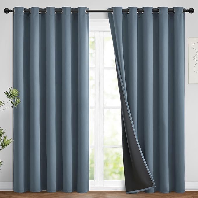 Yakamok 100% Blackout Lined Panels, Room Darkening Thermal Insulated Blackout Curtains for Bedroom, Heat Blocking Drapes for Living Room(62Wx84L, Stone Blue, 2 Panels)