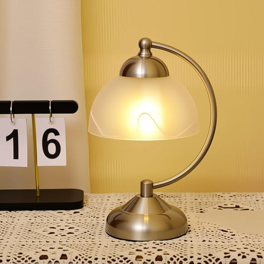 Small Modern Touch Glass Bedside Table Lamp, 7 x 7 x 10 Inch Brushed Nickel Metalwork Base Table Lamp for Bedrooms and Office (White Frosted Glass Shade)