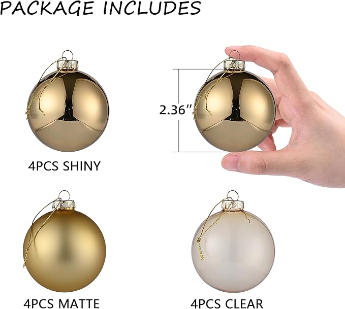 Gold Glass Christmas Ball Ornaments - 2.36' Hanging Ornaments Set of 12 Baubles for Holiday Party Xmas Tree Decorations Gifts