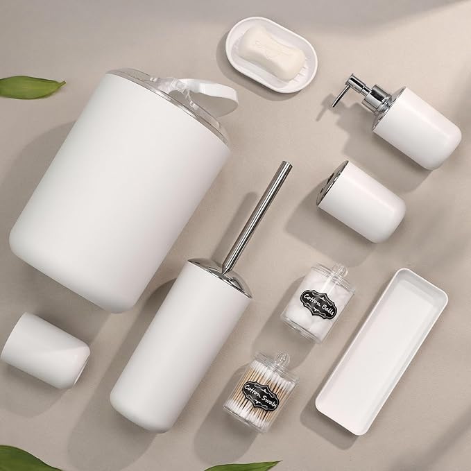 White Bathroom Set,9 Piece Bathroom Accessories Set,Tray,Soap Dispenser,Toothbrush Holder,Toothbrush Cup,Soap Dish,Toilet Brush,Qtip Holders,Trash Can for Bathroom Décor and Housewarming Gifts
