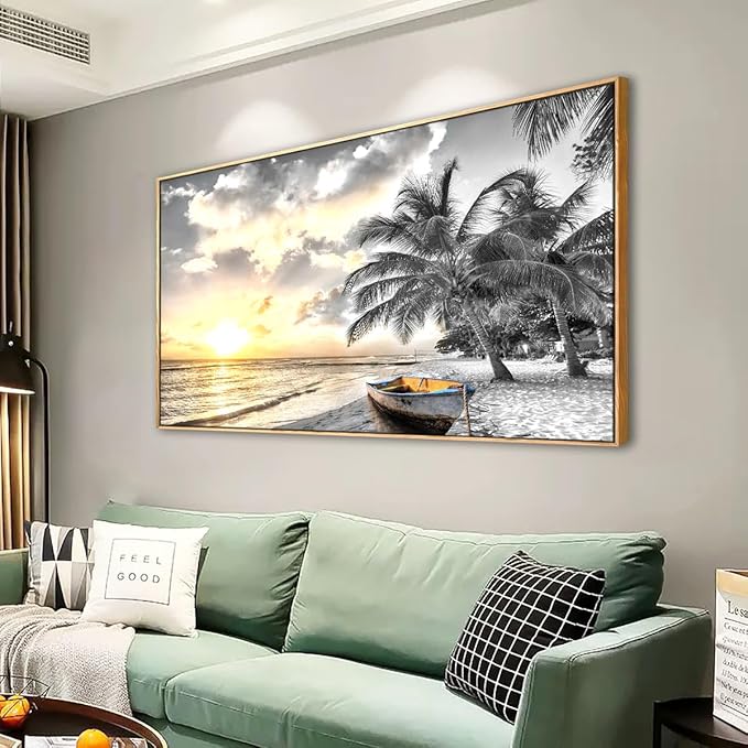 Framed Canvas Wall Art for Living Room Bedroom Office Black and White Beach Wall Art Paintings Pictures Artwork Seascape Sunset Wall Decor 20 * 40inch