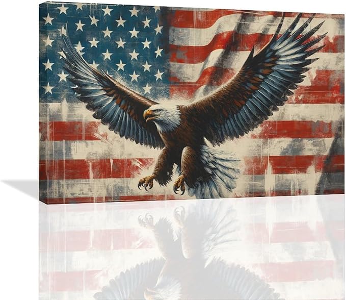 Large Bald Eagle Wall Art American Flag and Eagle Pictures Wall Decor Patriotic Motivational Bedroom Sign Canvas Painting Prints Modern Home Decoration Artworks Framed for Living Room Office 24"x16"