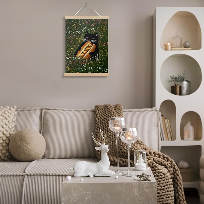 Floral Black Cat Wall Art Poster, Cat Room Home Decor, Colorful Wildflowers Black Cat with Hot Dog Canvas Wall Art Prints for Home Office, 12x16 Inches