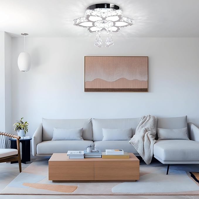 FRIXCHUR 13.4" Crystal Chandelier Crystal Ceiling Light Modern LED Flush Mount Chandeliers Light Fixture Flower Shape Ceiling Lamp for Bedrooms Living Dining Room 2700K/4000K/6500K Changeable Color