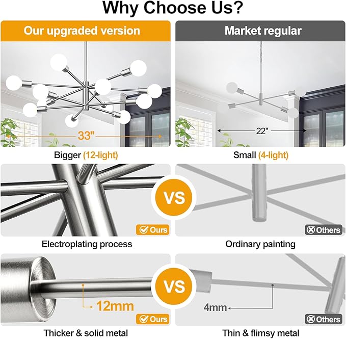 33" Modern Chandelier Ceiling Light Fixture, 12-Light Sputnik Chandeliers Brushed Nickel Mid Century Chandelier Over Table, Height Adjustable Chandeliers for Dining Room Living Room Kitchen Island