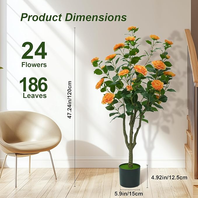 4ft Artificial Camellia Tree with White Silk Flowers - Realistic Faux Flowering Plant for Indoor/Outdoor Decor, Home Staging & Wedding Centerpieces Set of 2-Orange