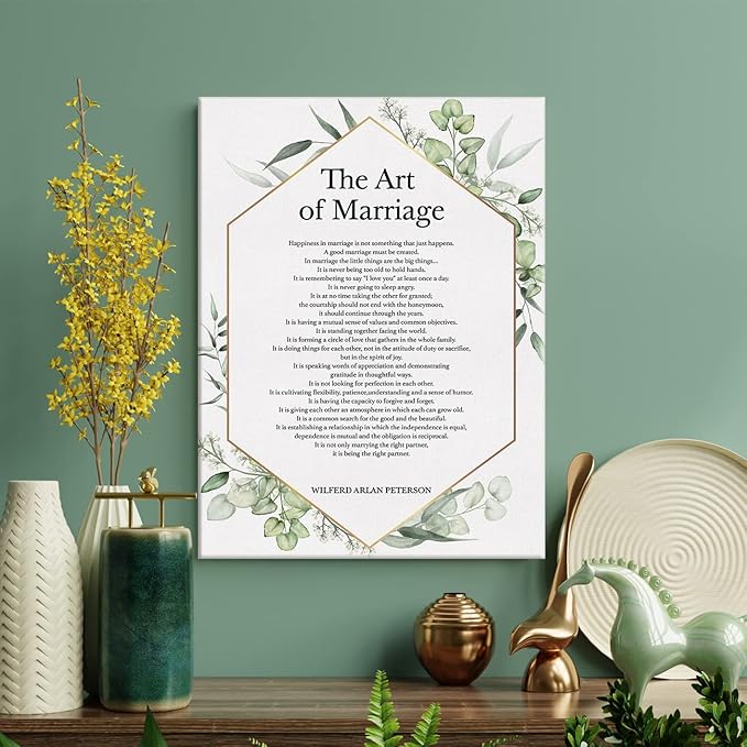 LEXSIVO the Art of Marriage Print Canvas Wall Art Home Decor Happiness in Marriage is Not Something Painting 12x15 Canvas Poster Framed Ready to Hang Wedding Engagement Gift