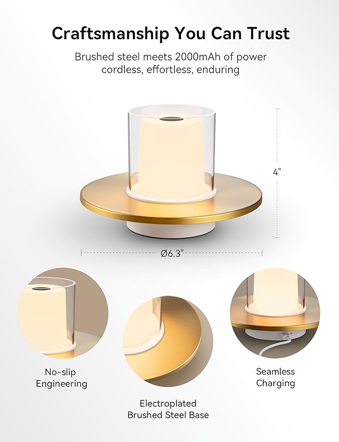 Tubicen Cordless Lamp for Table, Battery Operated Rechargeable Cordless Table Lamp 4-Level Touch Dimmable Electronic LED Flameless Candle Lamp for Home Decor Seasonal Festival Celebration Anniversary