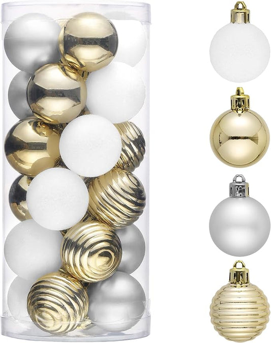 Valery Madelyn 1.57 Inches Small Christmas Tree Decorations Ornament Set for 4th of July Fall Halloween, 24ct White and Gold Shatterproof Hanging Ball Ornaments Holiday Party Decor