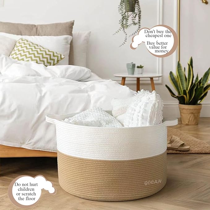 Storage Baskets for Organizing D22"H14" Large blanket basket laundry basket Cotton Rope Woven Basket for toy towl in Living Room (Jute/Beige) XXXL