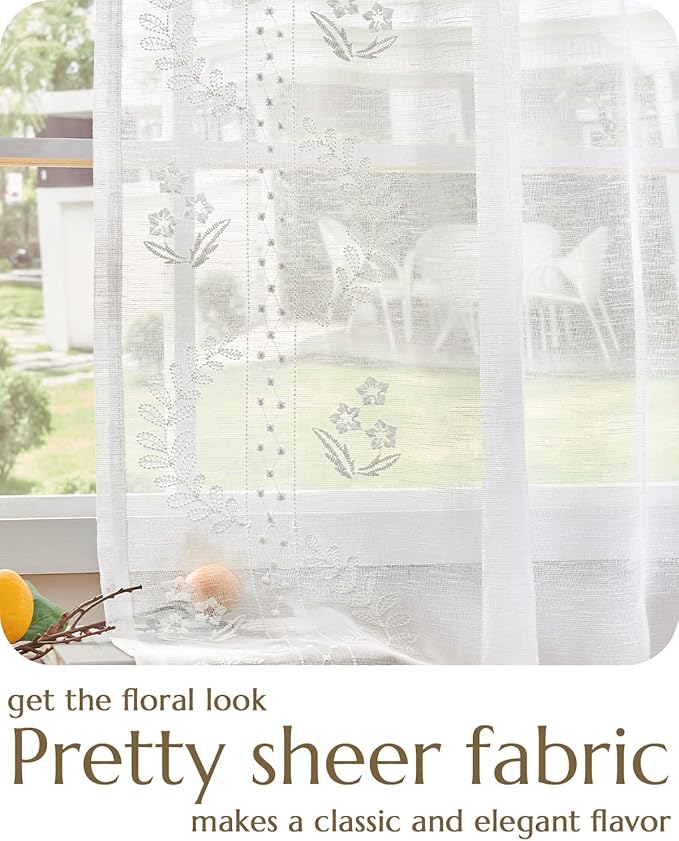 jinchan Belrose Linen Sheer Curtains for Living Room 84 Inch Length Sheer Voile Embroidered Floral Curtains for Bedroom Light Filtering Rod Pocket Window Treatments Farmhouse Decor 2 Panels White