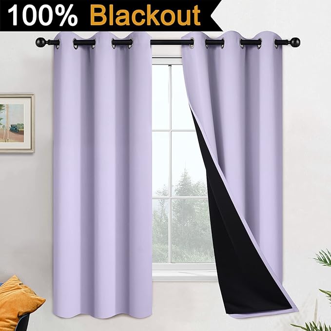 Yakamok 63 Inch Length 100% Blackout Curtains for Bedroom, 2 Thick Layers Thermal Insulated Grommet Total Blackout Drapes with Black Liner for Living Room (42Wx63L,Lilac, 2 Panels)