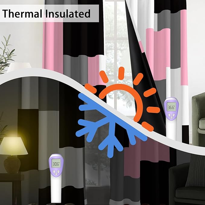 Pink 100% Blackout Curtains for Bedroom 84 inch Length 2 Panels Set Black Grey Modern Abstract Geometric Black Out Curtains Insulated Room Darkening Window Drapes for Living Room, 42Wx84L