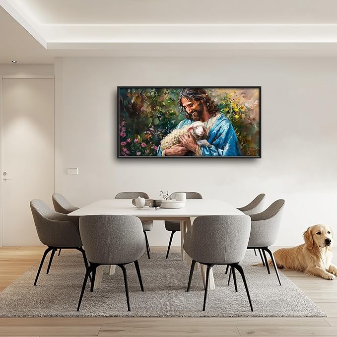 Flintis Large Jesus and Lamb Wall Art Christian Jesus Portrait Pictures Wall Decor Religion Canvas Painting Print Artwork Decoration Framed for Living Room Bathroom Master Bedroom Office 60L x 30W
