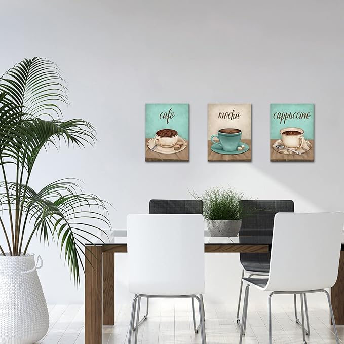 iHAPPYWALL 3 Pieces Coffee Kitchen Decor Wall Art Abstract Cafe Mocha Cappuccino Food Painting Picture for Restaurant Dining Room Cafe Bar Ready to Hang 12x16inchx3pcs