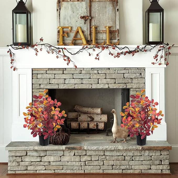 Briful 18.5" Fake Fall Eucalyptus Tree in Black Pot, Autumn Small Artificial Tree with Realistic Red Orange Leaves Faux Plants Indoor for Home Office Room Tabletop Mantel Thanksgiving Decor