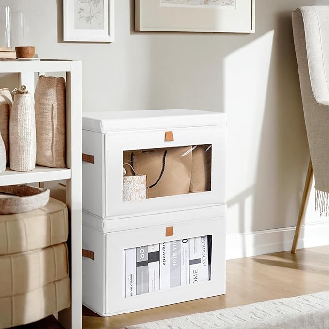 Large Clothing Storage Bins - Collapsible Boxes with Handles & Window, Decorative Organizer Bins with Lids, Fabric Containers for Living Room, Dorm, 2 Pack, White