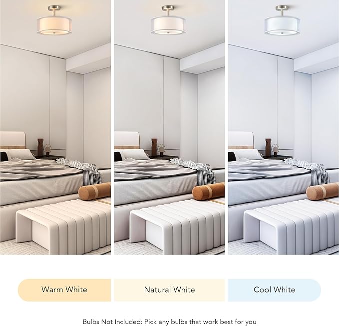 VONLUCE Semi Flush Mount Ceiling Light, 13'' Ceiling Light Fixture with 2-Layer Fabric Shade, 3-Light Modern Drum Light Fixture for Bedroom Living Room Entryway Hallway, White Shade & Nickel Finish