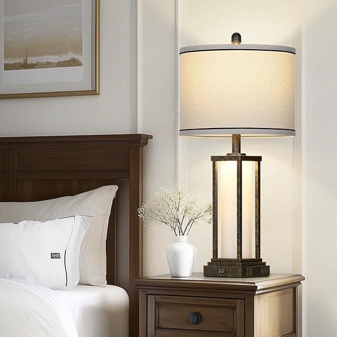 27in Tall Farmhouse Table Lamp with USB C+A & Outlet,Bronze Industrial End Table Lamp for Living Room,Vintage Rustic Bedside Lamp with Night Light for Bedroom Nightstand,Single Bronze