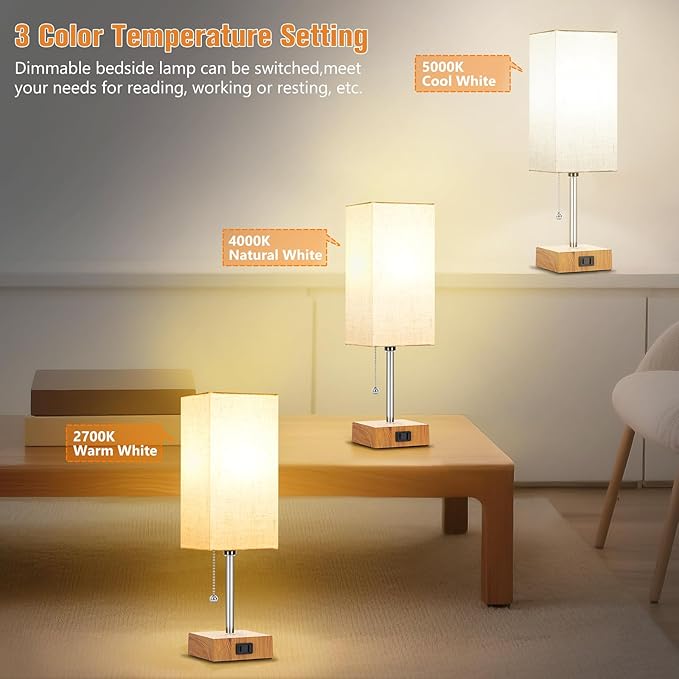 Bedside Table Lamps for Bedroom Nightstand, Bedroom Lamp with 3 Color Temperatures Nightstand Lamps Set of 2 with AC Outlets, Square Pull Chain Bedside Lamp for Living Room, Home Decor