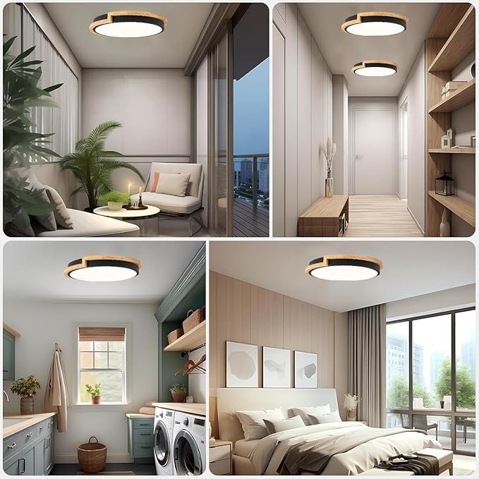 Dimmable Wood LED Flush Mount Ceiling Lights, 5CCT 2700K-6000K Black Hallway Lighting Fixtures, Minimalist Circular Ceiling Lamp for Bedroom Laundry Room Kitchen Entryway