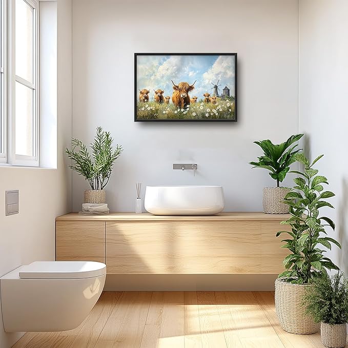 Flintis Large Highland Cow Barn Framed Wall Art Farmhouse Highland Cattle Daisy Pictures Wall Decor Abstract Canvas Painting Print Artworks Framed for Living Room Bathroom Master Bedroom 36L X 24W