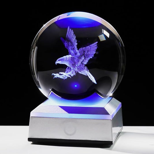 3.15"/ 8CM Crystal Ball 3D Engraved Eagle Gifts for Men Kids Glass Sphere with LED Colorful Base Ideas on Birthday Christmas Graduation for Him Home Decor Figurine