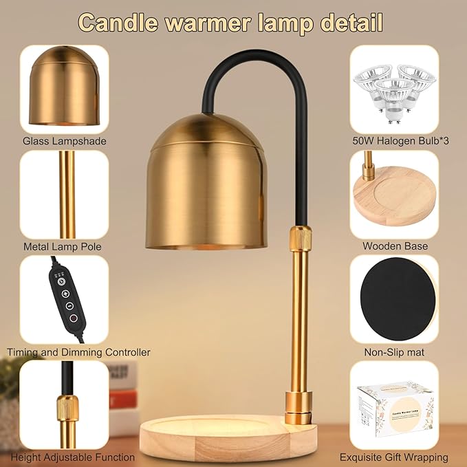 Candle Warmer Lamp with Timer & Dimmer, Adjustable Height Electric Candle Warmer with 3 Bulbs,Compatible with All Size Scented Candles, Wax Melt Warmer for Bedroom,Home Decor House Warming Gifts