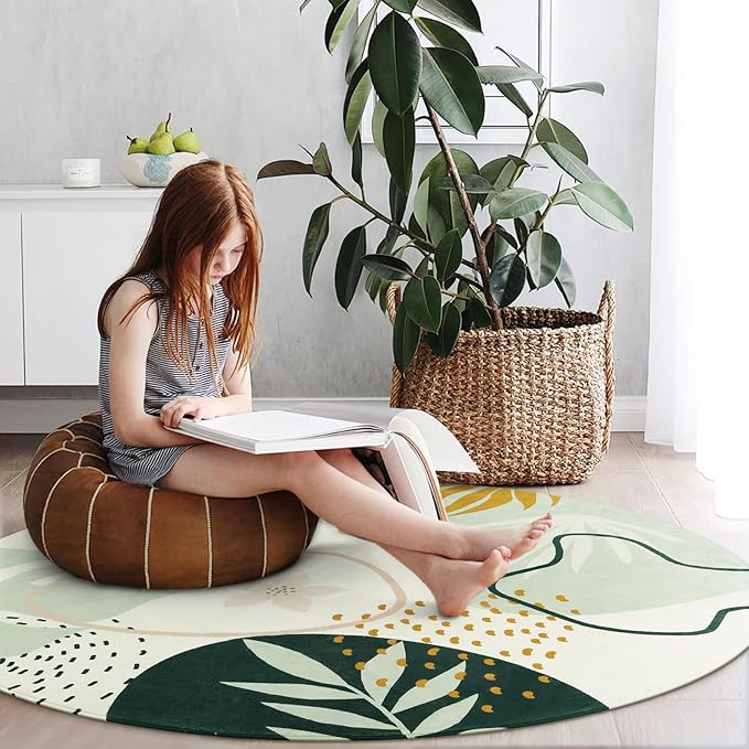 Lahome Green Washable Round Rug - 6Ft Round Area Rug for Living Room Throw Soft Boho Round Rug Large Non-Slip Round Dining Room Rug, Botanical Print Round Carpet for Bedroom Entryway Classroom Dorm