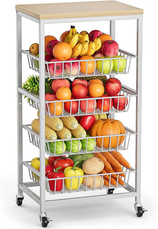Snack Cart, 5-Tier Kitchen Carts on Wheels with Storage,Fruit Basket Stand with Pull-Out Baskets and Wood Top,Kitchen Organizer for Fruit Vegetable Snack (Oak Beige)