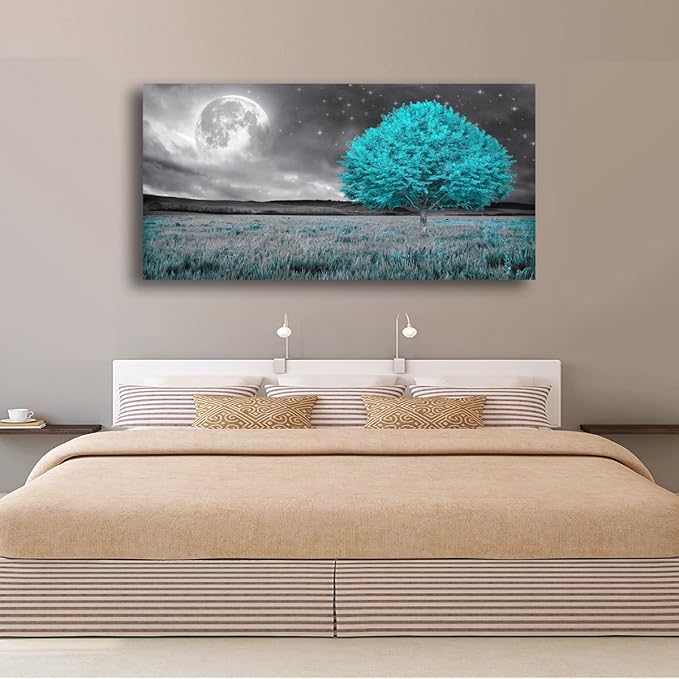 Tree of Life Wall Art Canvas Prints Natural Landscape Picture Home Decor Full Moon and Blue Tree Paintings for Living Room Bedroom Bathroom Kitchen Office Decorations 24x48 Wooden Frames Artwork