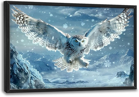 Framed Large Snowy Owl Wall Art for Living Room, Oversized Snowy Mountain Wall Decor Landscape Canvas Painting Modern Artwork Home Decoration for Living Room Bedroom Office 36"x24"