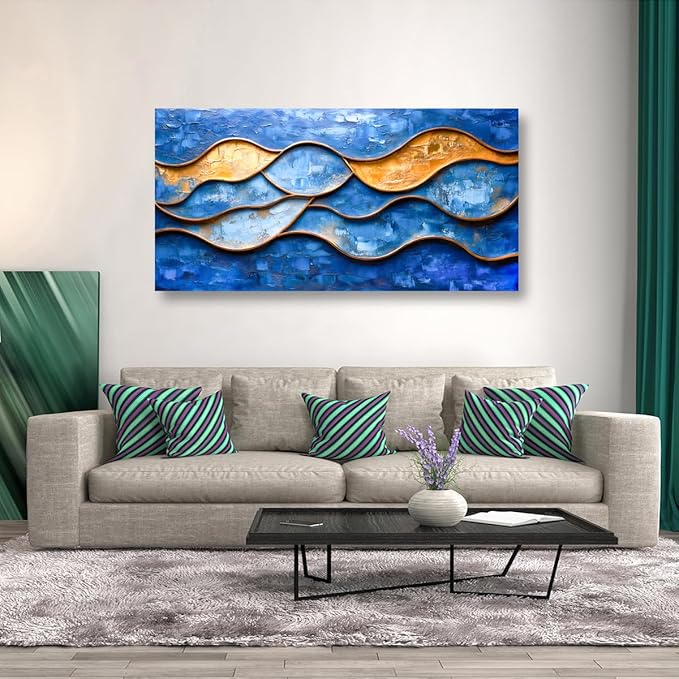 Abstract Pictures Canvas Wall Art for Living room Office Bedroom Wall Decor, Linear Wall Art Print Paintings Modern Blue Golden Abstraction Artwork Waterproof Ready to Hang-20x40inch