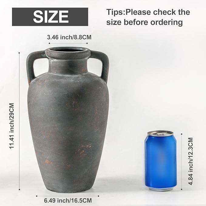 Ceramic Vase - 11.41 Inch Tall Rustic Vase with 2 Handles for Home Decor, Boho Decor Decorative Vases, Terracotta Vases for Farmhouse, Living Room, Shelf, Table