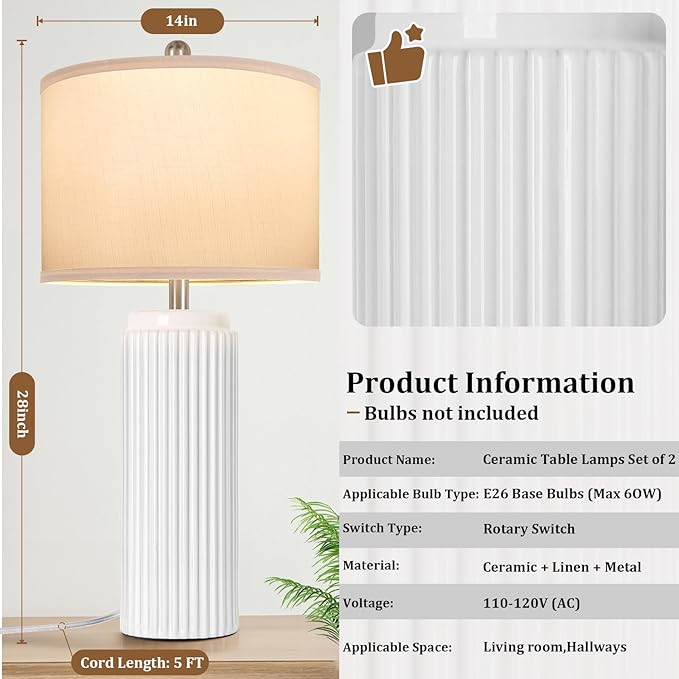 TOBUSA 28’’ Modern White Ceramic Lamps Set of 2 for Living Room, Vintage Nightstand Lamps for Bedroom, Farmhouse Bedside Lamps with Linen Shade, Elegant Decor Lamp Sets for Home Office