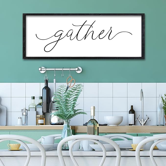 Surfapans Dining Room Wall Decor Gather Sign 32"×12" for Family Gathering Rustic Farmhouse Kitchen Vintage Simple Large Modern Plaque Wood Framed Home Horizontal Hanging Art (Black)