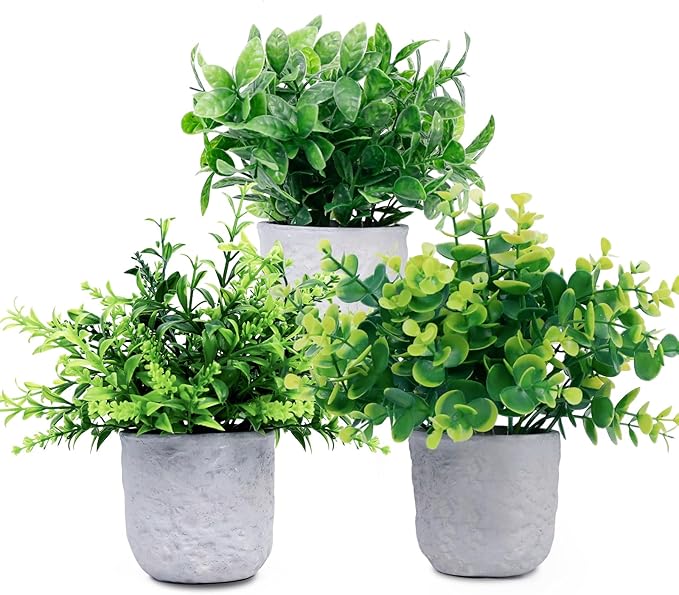 FGSAEOR Mini Potted Fake Plants, Small Artificial Greenery Realistic Plants Topiaries, Low Maintenance, for Home Office Shelf Desk Farmhouse Room Coffee Table Decor (3-Pack) (Green (Round Pot))
