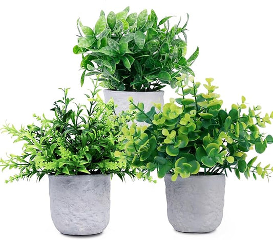 FGSAEOR Mini Potted Fake Plants, Small Artificial Greenery Realistic Plants Topiaries, Low Maintenance, for Home Office Shelf Desk Farmhouse Room Coffee Table Decor (3-Pack) (Green (Round Pot))