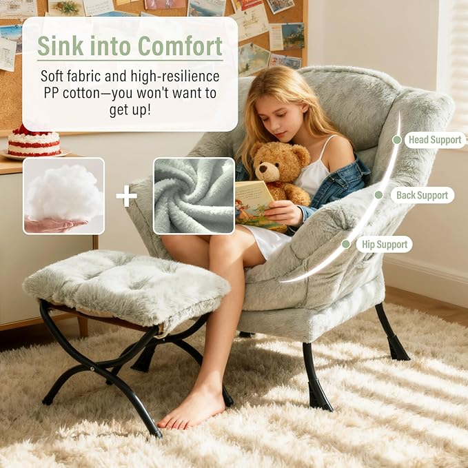 Lazy Chair with Ottoman, Modern Chair with Folding Footrest, Lounge Accent Chair, Comfortable Reading Chair (Plush Green)