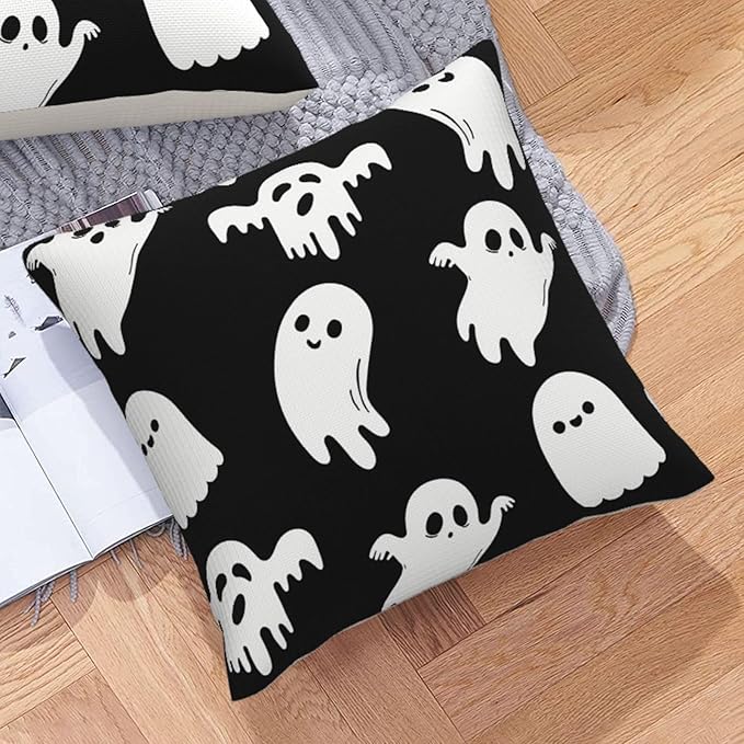 Halloween Pillow Covers 18x18 inch Set of 4, Linen Outdoor Farmhouse Cute Ghost Vintage Skull Spooky Party Supplies Black and White Decorations for Sofa Couch