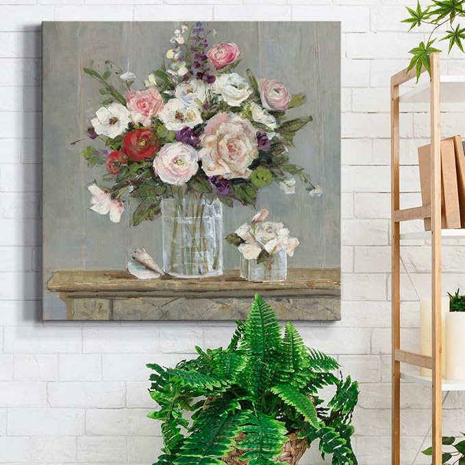 Wexford Home Square Premium Gallery Wrapped Canvas Flower Multicolor Wall Art Abstract Floral Romance Modern Pictures Print for Home Office, Ready to Hang, cottage collection, 24x24