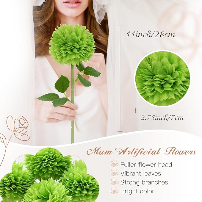 Floweroyal 24pcs Green Flowers Artificial Chrysanthemum Ball Silk Hydrangea Flowers Bridal Wedding Bouquet for Home Garden Party Office St Patricks Day Decor