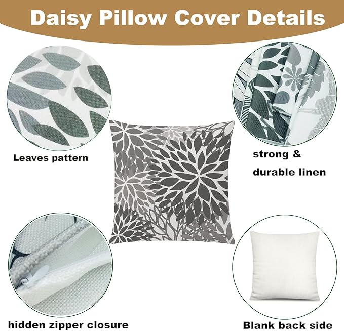 Grey Pillow Cover 16x16 Set of 6 Daisy Dhalia Throw Pillow Covers Square Cushion Covers for Couch Sofa Living Room Home Decor