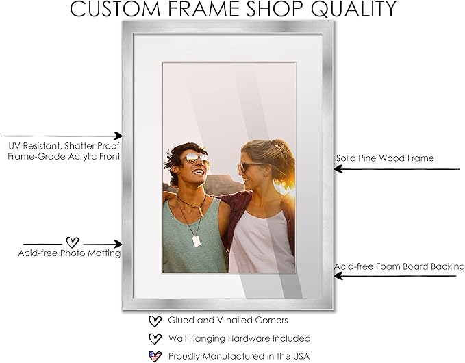 11x15 Frame Silver Wood with White Mat | 13x17 Frame Matted to 11x15 | Display Your Photo Under UV Acrylic Shatter Guard Front, with Foam Board Backing and Wall Hanging Hardware - Wall Frame