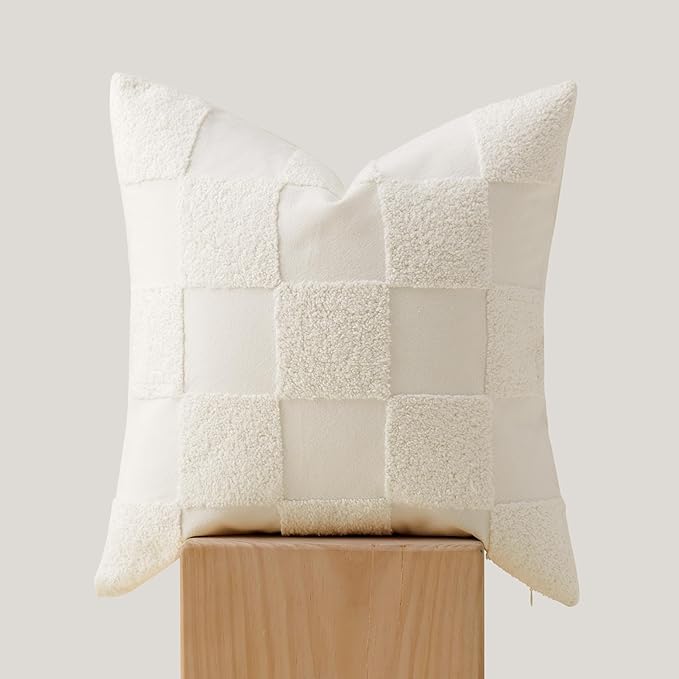 Double Stitch 100% Cotton Throw Pillow Covers - Checkered Tufted Boho Decorative Pillow Covers 18x18, Made in India, Square Cushion Case, Modern Home Decor for Couch, Sofa, Living Room, Cream