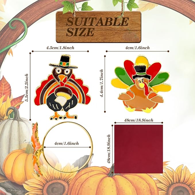 KPOSIYA 12 pcs Thanksgiving Napkin Rings with 12 Napkins, Vintage Alloy Turkey Napkin Ring Holders for Holiday Dinner Parties, Fall,Weddings, Family Gatherings