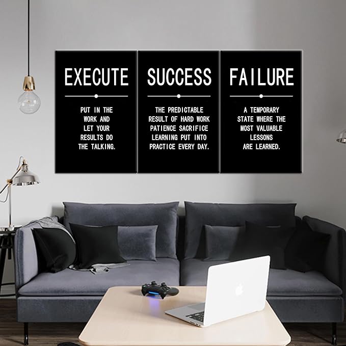 Success Quote Canvas Painting Wall Art Inspirational Wall Art Execute Failure Definition 3 Pieces Black Poster Positive Motivational Framed Artwork Prints Picture for Living Room Office [72''Wx 36''H]