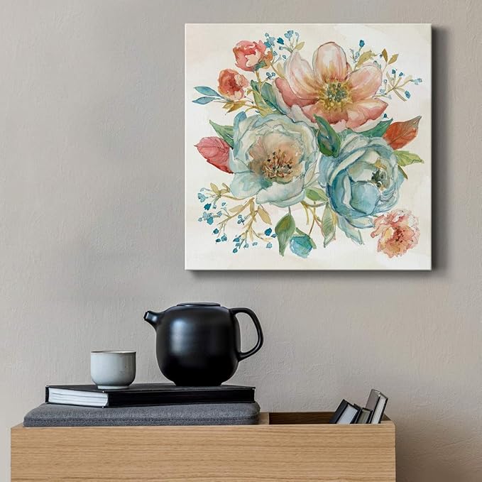 Wexford Home Square Premium Gallery Wrapped Canvas Flower Multicolor Wall Art Abstract Floral Romance Modern Pictures Print for Home Office, Ready to Hang, rose garden II, 16x16