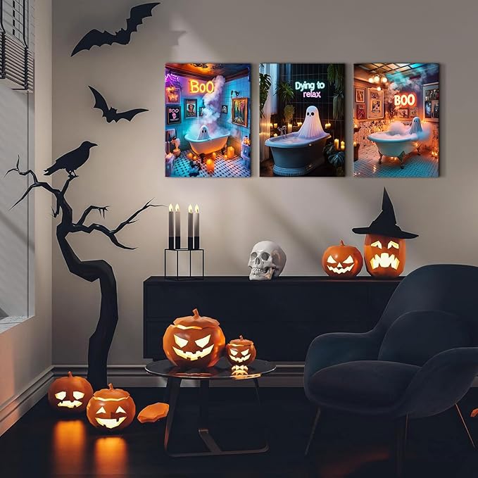 Halloween Bathroom Decor Funny Ghost Wall Art Funny Ghosts in Bathtub Pictures for Bathroom Fall Party Theme Paintings Spooky Humor Posters Artwork for Living Room Holiday Home Decoration 12x16" 3Pcs
