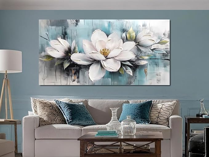 Ardemy Flower Wall Art for Living Room White Floral Canvas Bedroom Painting Magnolia Wildflower Picture Teal Grey Artwork Framed Home Office Dining Room Wall Decor, Large Size 48"x24"
